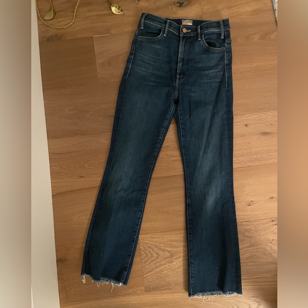 MOTHER Dark Blue Frayed Hem Jeans